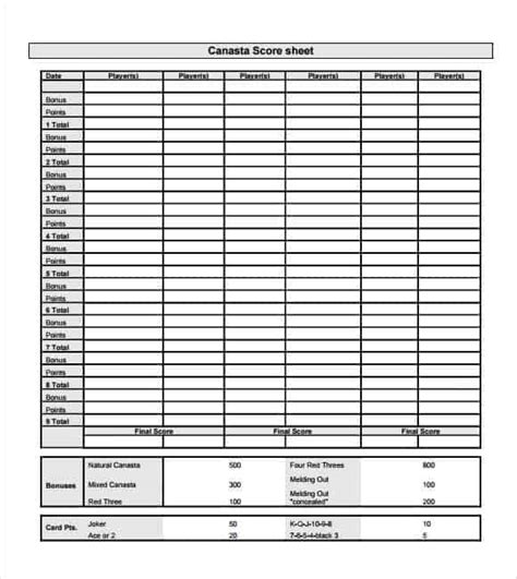 Canasta Score Sheets Find Word Templates