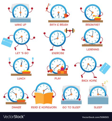 Clock Character Daily Routine Timetable Royalty Free Vector