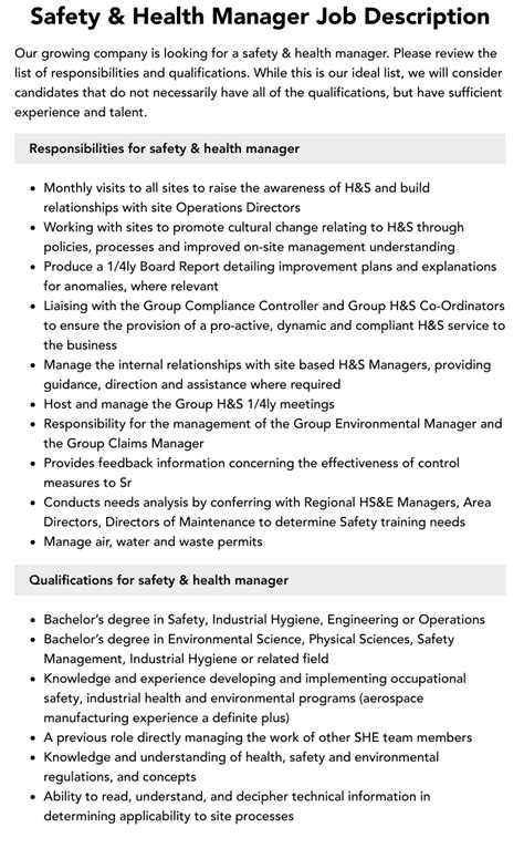 Safety And Health Manager Job Description Velvet Jobs