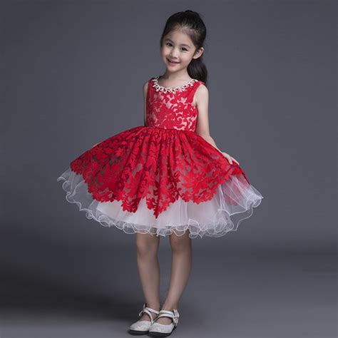 Red Lace Kids Ball Gown Little Girls Pageant Dress Short Puffy Flower