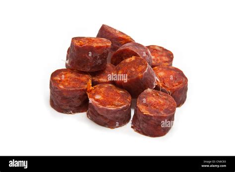 Spanish Chorizo Sausage Isolated On A White Studio Background Stock