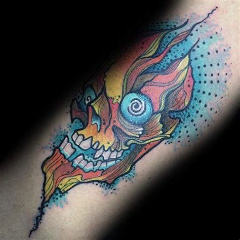 Realistic skull tattoos with flames.its looking like its burning with red fire on inner bicep. 50 Unique Skull Tattoos For Men - Manly Ink Design Ideas