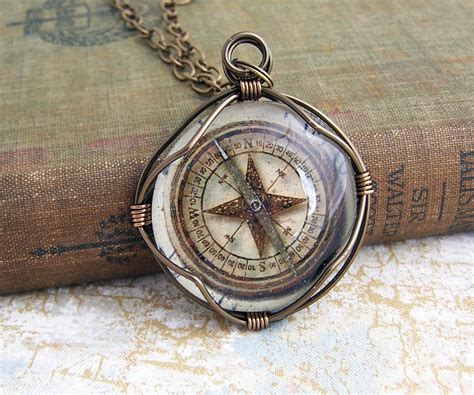 Compass Pendant Of Wire Wrapped Glass Steampunk Jewelry