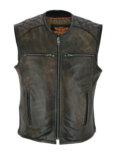 Mens Retro Brown Premium Naked Leather Vest Padded Shoulders Side