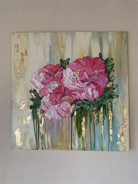 Pink Peonies Flowers Abstract Acrylic Painting On Large Canvas Original