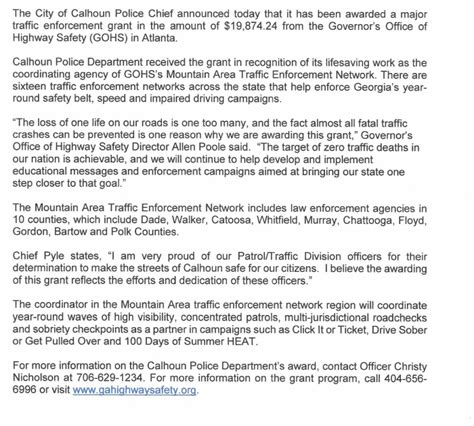 Calhoun Police Department Awarded Traffic Enforcement Grant Wsrm Fm