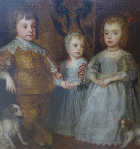 17th Century School Portrait Of Three Children With Dogs Oil On