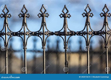 Spade Design Gothic Black Iron Metal Fence Pieces Bolted Together Stock