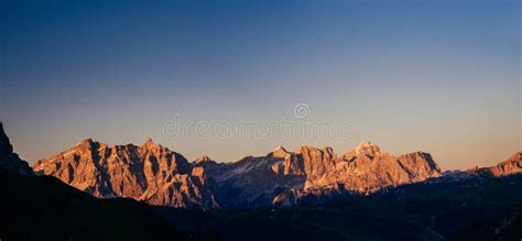 Rocky Mountains At Sunset Beauty World Dolomite Alps Italy Stock