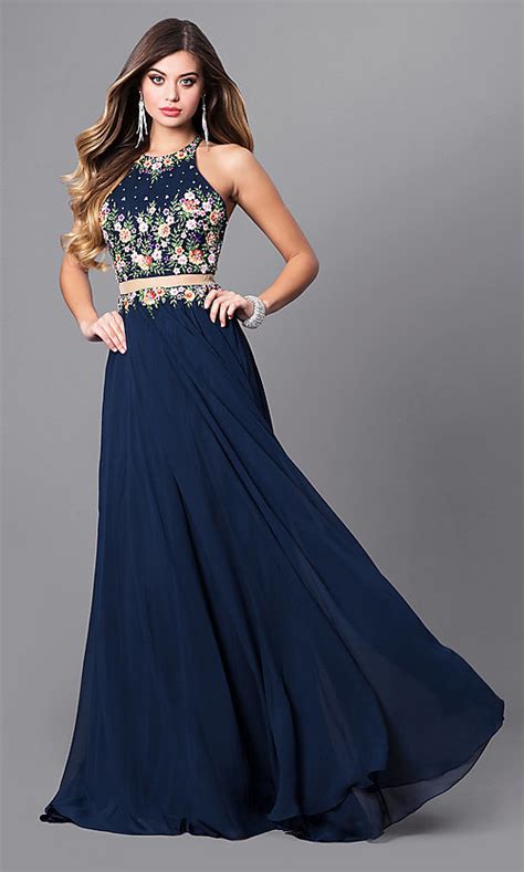 Embroidered High Neck Navy Long Prom Dress Promgirl