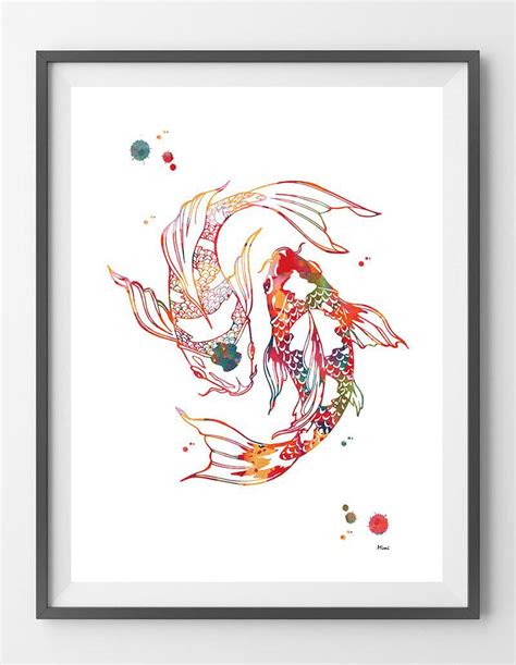 Koi Fish Watercolor Print Yin Yang Koi Fishes Poster Chinese Carp Fish