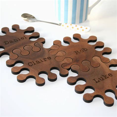 Set Of Personalised Solid Walnut Jigsaw Coasters Personalized Coasters