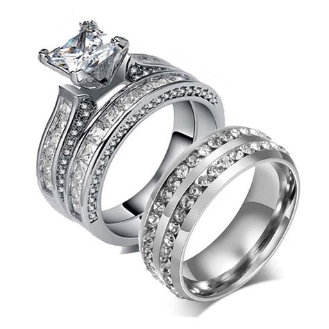 Buy Loversring Couple Ring Bridal Set His Hers Women White Gold Filled Cz Men Stainless Steel
