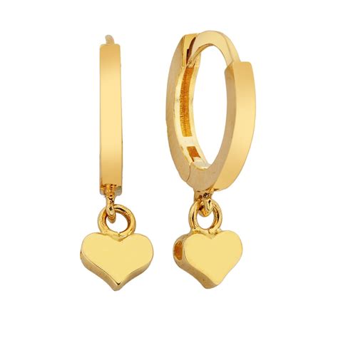 14k Real Solid Gold Heart Dangle Drop Hoop Earrings For Women