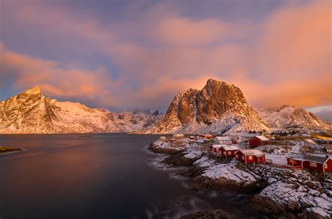 Red Cabins With Sunrise Mountain Color Lofoten Islands Print Photos