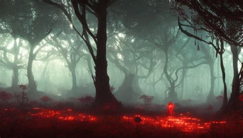 Crimson Forest With Bioluminescent Fairies