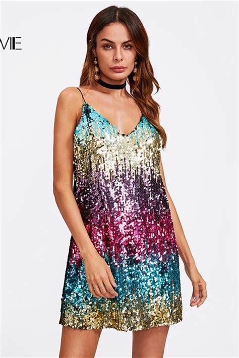 Colorful Sequin Party Club Dress Women Sexy A Line Mini Summer Cami
