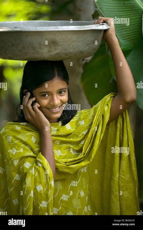 Teenager Village Girl Using A Mobile Phone Comilla Bangladesh Stock