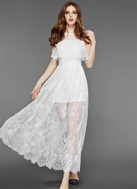 Off Shoulder White Lace Chiffon Maxi Dress With Scalloped Hem And