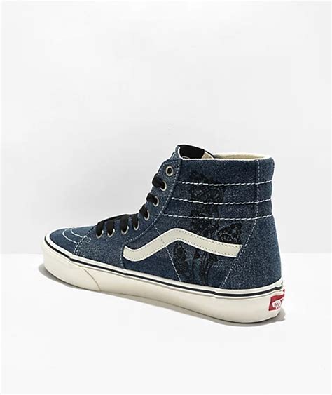 Vans Sk8 Hi Tapered Denim Embroidery Navy Blue And White Skate Shoes