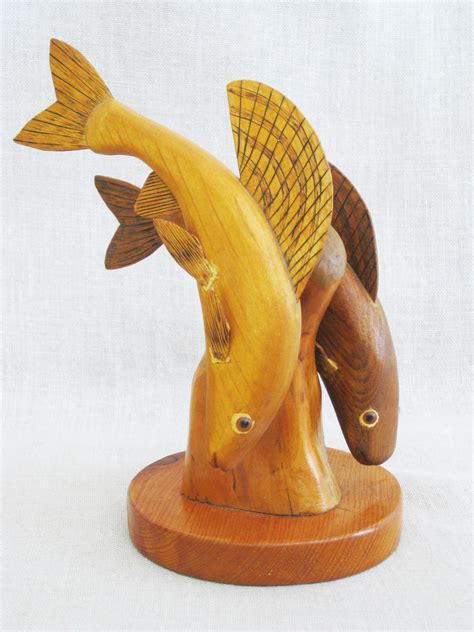 Vintage Fish Carving Folk Art Wood Sculpture Swimming Pair Hand