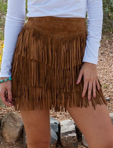 Womens Brown Suede Full Fringe Short Western Skirt Country Style