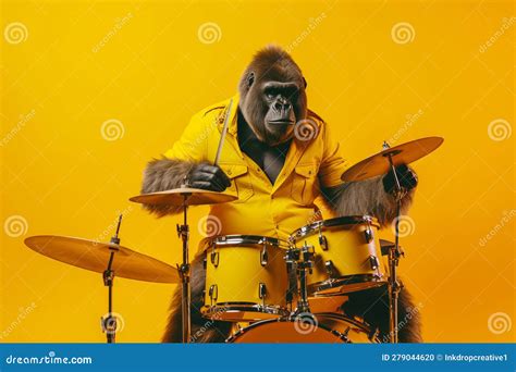 A Gorilla Musician Playing The Drums In A Band Generative Ai Stock