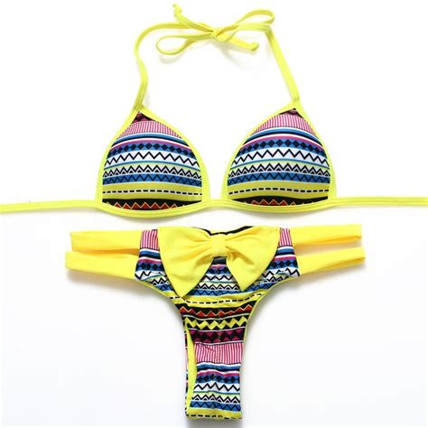 Cute Yellow Print Bikini Set Bow Knot Lace Up Swimsuit Bikinis Swimwear Yellow Swimsuits