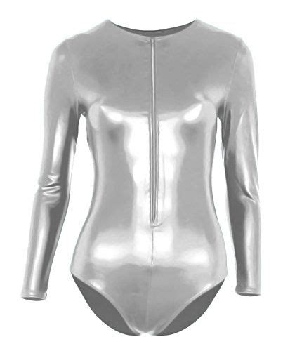 Vsvo Womens Silver Metallic Zipper Front Bodysuit Dance Leotards