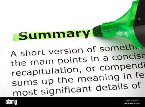 Dictionary definition of the word Summary highlighted with green Stock Photo - Alamy