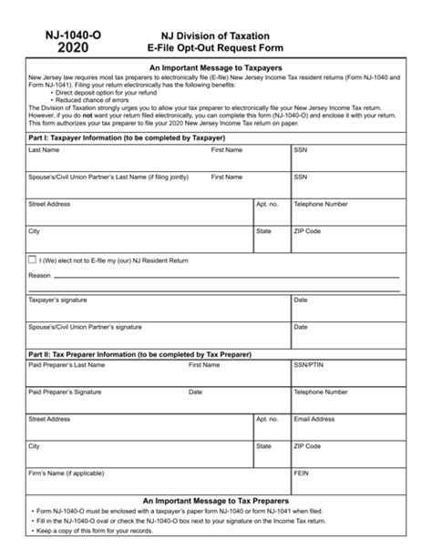 Form Nj 1040 O Download Fillable Pdf Or Fill Online E File Opt Out