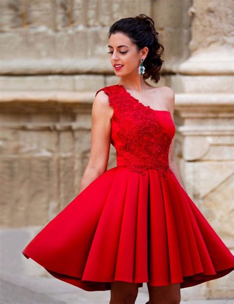 Sparkly Red One Shoulder Cocktail Dresses Lace Satin Short Party Dress