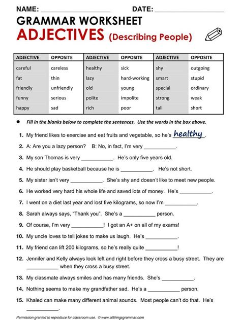Grammar Worksheet Adjectives