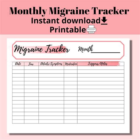 Migraine Headache Tracker Journal Printable Headache Log Headache Diary Symptom Log For Pain