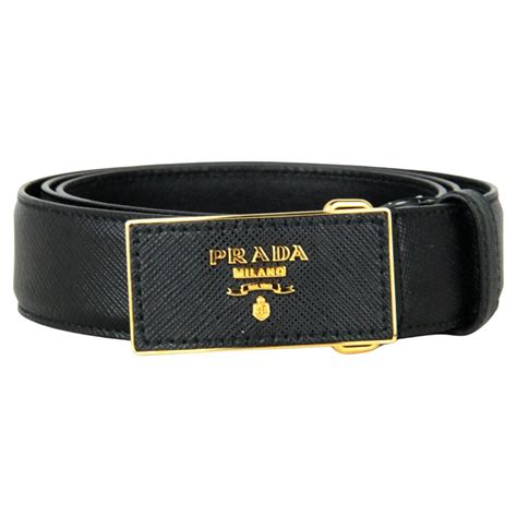 Prada Black Saffiano Leather Belt With Gold Rhinestone Buckle At