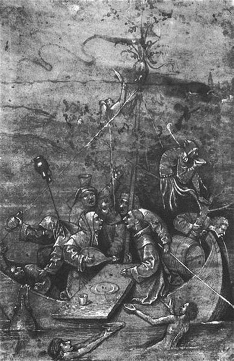 The ship of fools was painted on one of the wings of the altarpiece, and is about two thirds of its original length. The Ship of Fools, c.1500 - Hieronymus Bosch - WikiArt.org