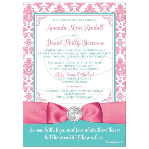 Christian Wedding Invite Optional Photo Aqua Pink White Printed