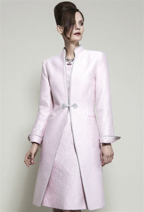 Pale Pink Dress Coat In Silk Brocade With Cord Trim And Frogging