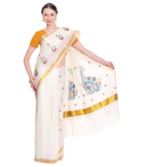 Fashion Kiosks White And Whiteen Kerala Kasavu Cotton Saree With Matching