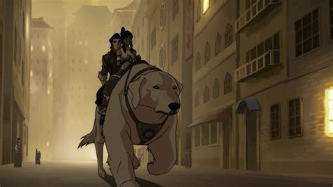 Avatar Korra And Mako Riding On Naga Through The Streets Of Republic