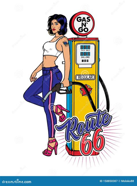 Vintage Gas Pump Pin Up Girl Pin Up Girl On Gas Station Stock Vector Illustration Of Pinup