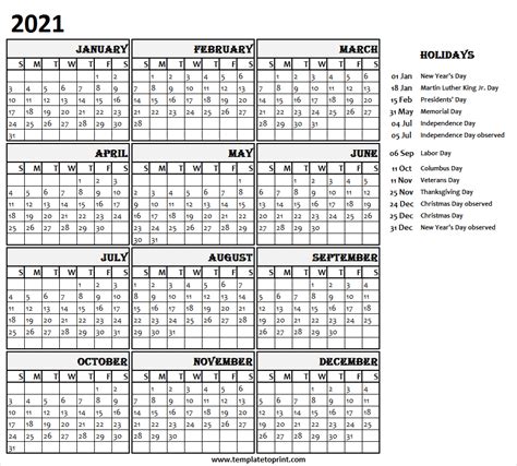 12 Month Printable Calendar 2021 With Holidays 2021 Calendar Festival