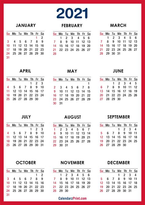 They'll also include a a little style and color on your place of work, home, or virtually any space in your residence. 2021 Calendar PDF - Printable, Red, SS - CalendarzPrint ...