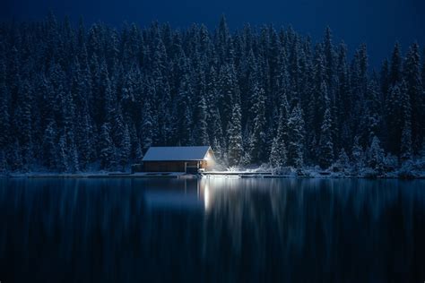 4k House Lake Cabin Water Trees Night Snow Winter Pine Trees