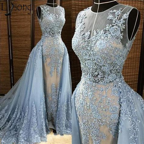 top quality blue mermaid evening dress detachable overskirt illusion neck pearls beaded lace