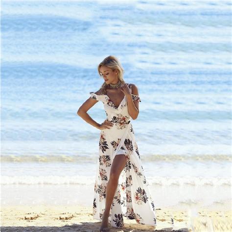 2018 Summer Dresses Boho Beach Chiffon White Long Dress Women Floral