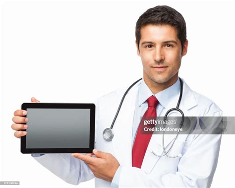 Confident Male Doctor Holding Digital Tablet Isolated High Res Stock