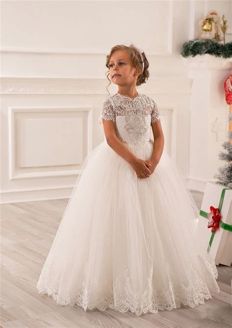Romantic Ivory Crystal Lace Flower Girl Dress For Weddings Organza Ball