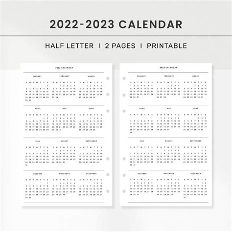 Printable 2022 2023 Calendar Half Letter Insert L Yearly Etsy