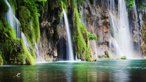 Waterfall With Moss Nature Water Green Grass Hd Wallpaper